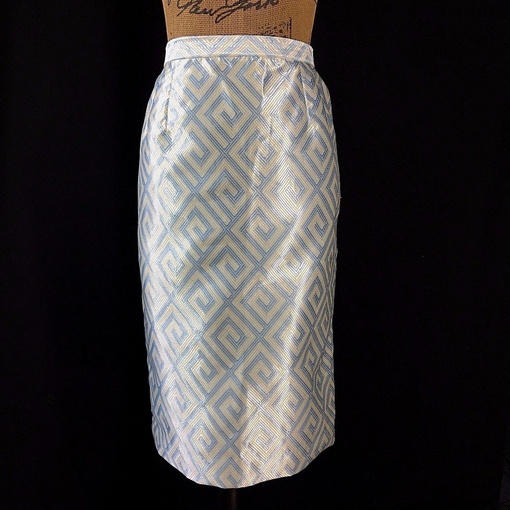 Terramina Pencil Skirt 12 Blue Off White‎ Stripe Shimmer Party Church Career